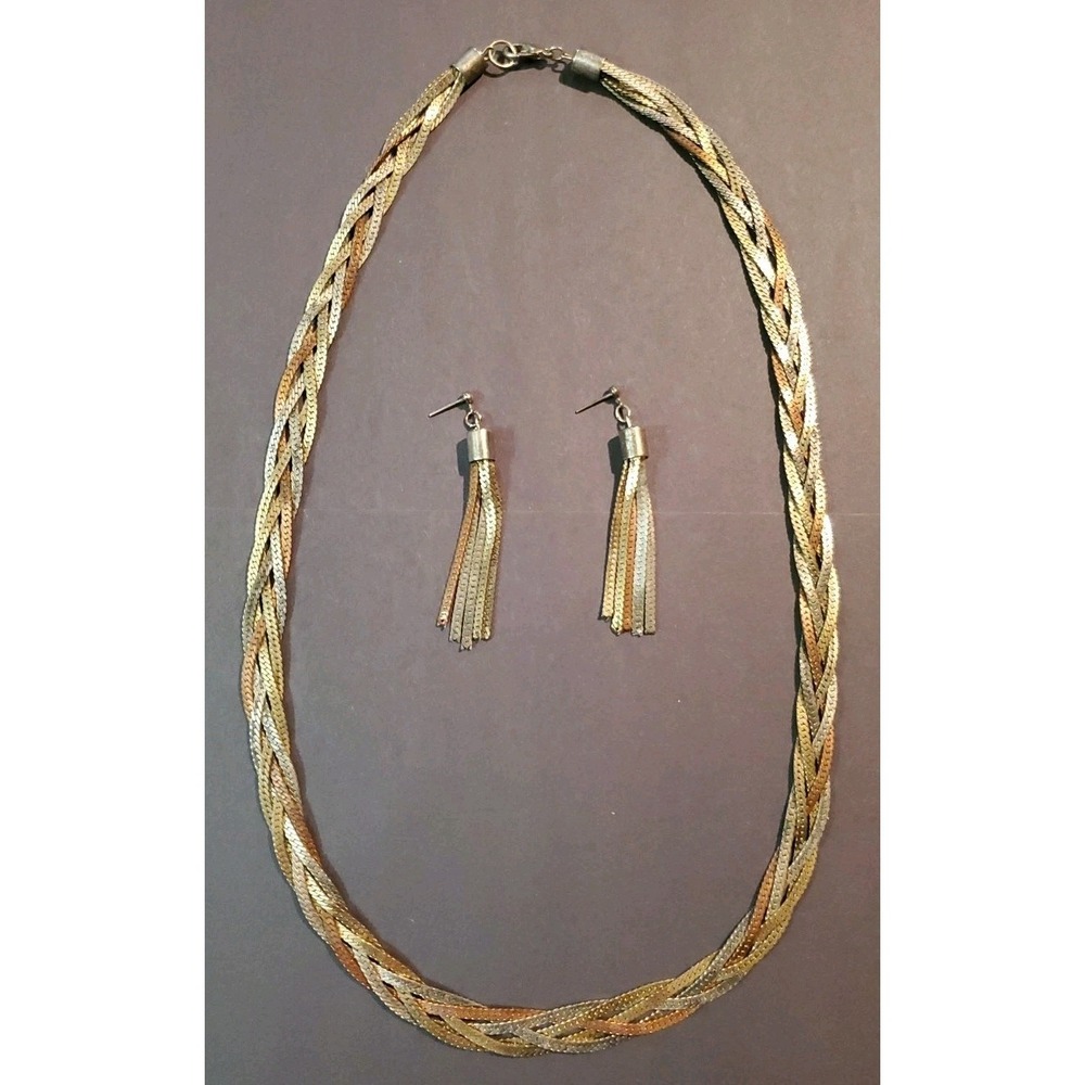 Braided Metallic Multi Toned‎ Vintage Jewelry Set Necklace And Earrings